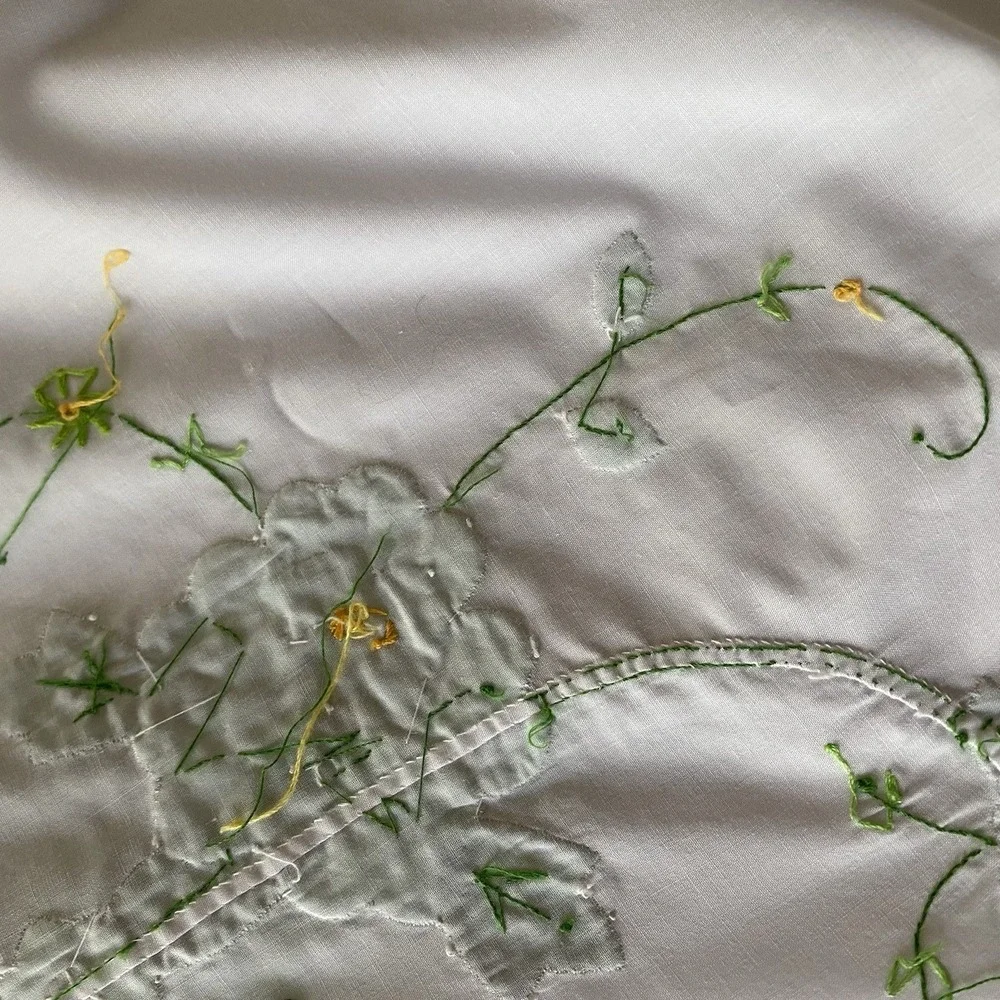 Vintage 70s Hand Sewn Embroidered Applique Floral Tablecloth 70x88